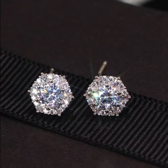 White Round Diamond Hexagon Halo Stud Earrings - Picture 2 of 6